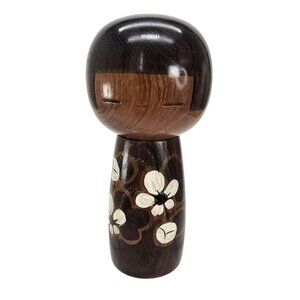 Vintage Japanese Kokeshi Wooden Doll Kato Masami Brown White Floral JE377